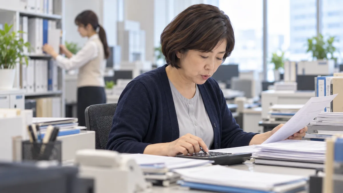 職場で書類と電卓を確認しながら小さく独り言を話す50代女性の手元