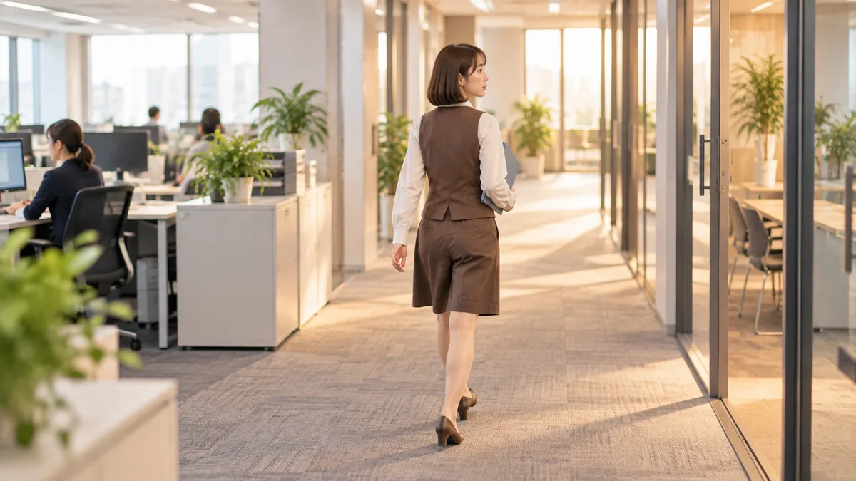仕事の負担が改善せず今後の働き方を考えながら職場を歩く30代女性