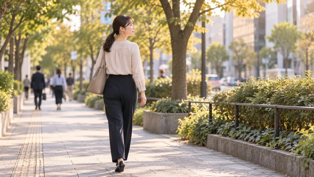 職場での対応を考えながら夕方の通勤路を落ち着いて歩く女性