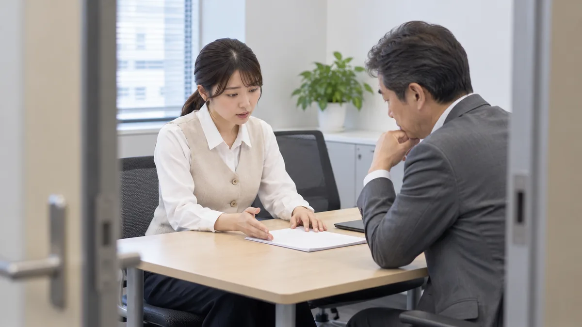 職場の会議室でメモを見せながら上司に業務への影響を相談する女性