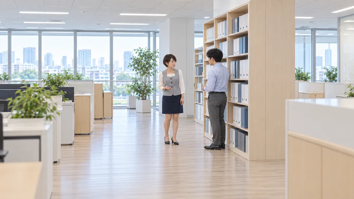 資料棚のそばで、男性同僚に片手を軽く開いて用件を伝える女性