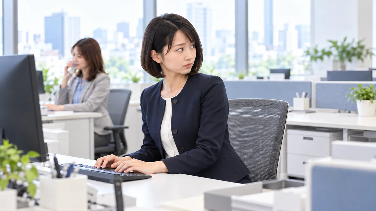 自席のキーボードに手を置いて横を見る女性と、奥の席で電話する同僚
