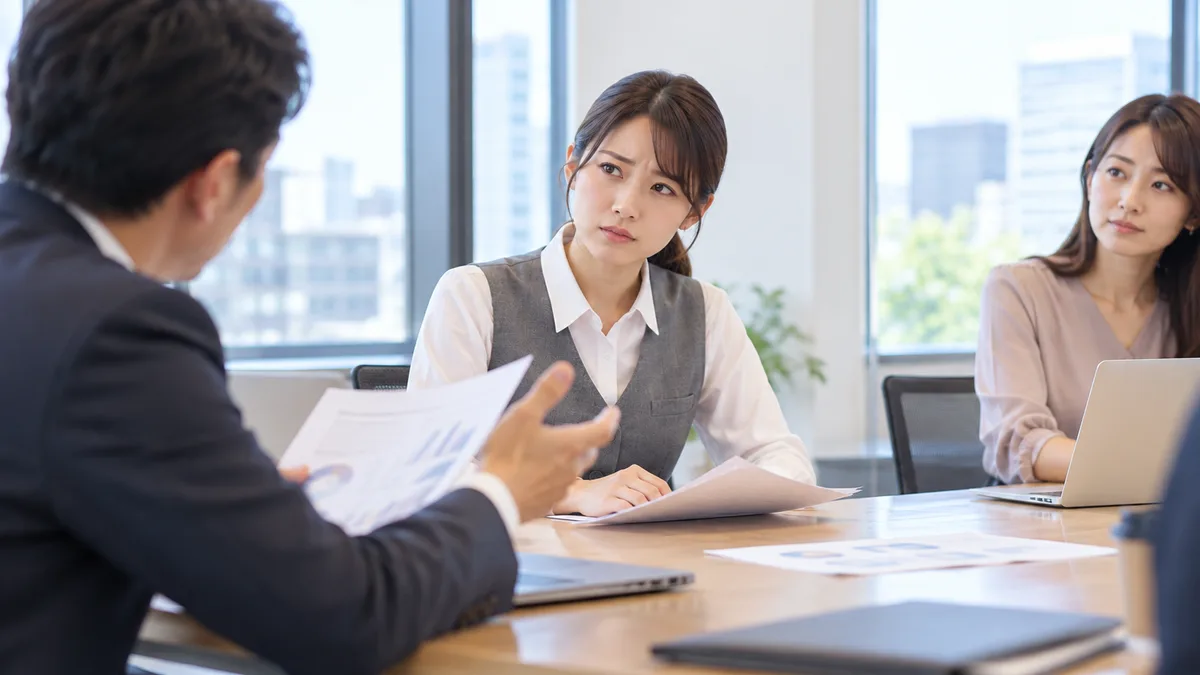 グレーの制服の女性が会議テーブルで男性同僚の説明を聞き、隣に女性同僚が座っている