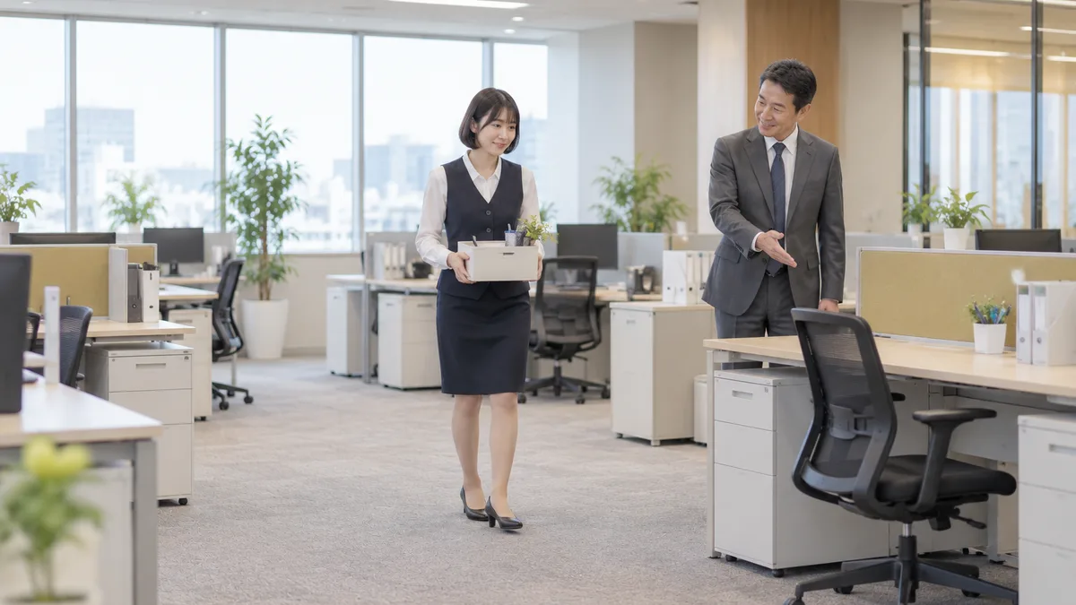 収納ケースを持つ女性と、空いた机へ手を向ける男性