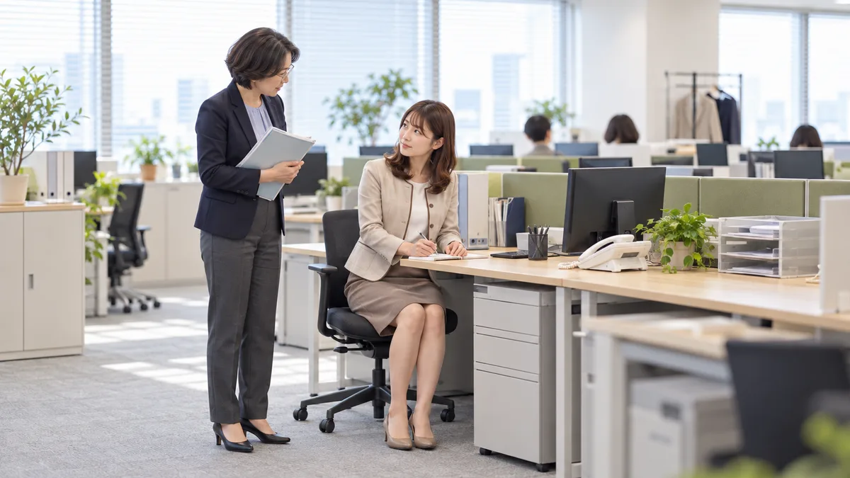 自席でメモを取りながら、ファイルを持って立つ同僚を見上げる女性