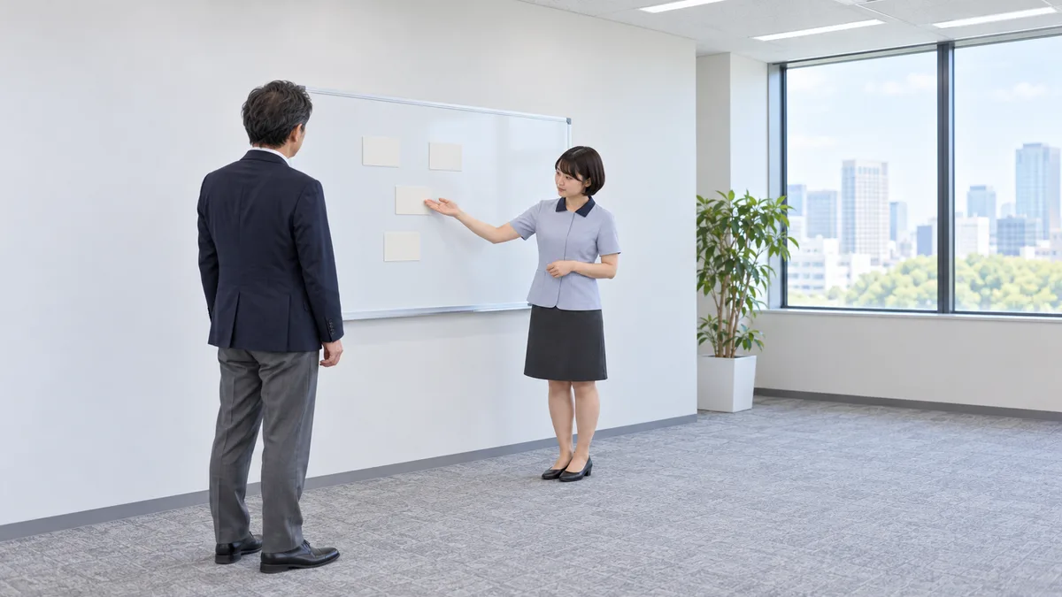 ボードのカードを示しながら男性と話す女性