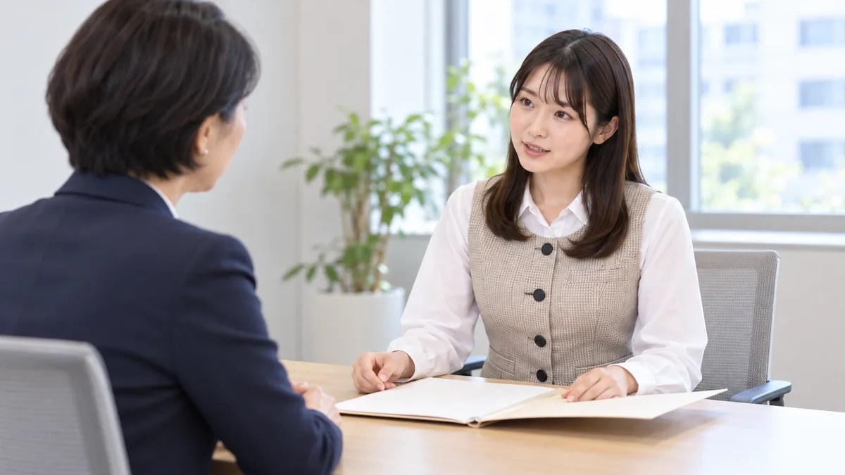 打ち合わせテーブルで資料を開き、向かいの女性に顔を向けて話す女性