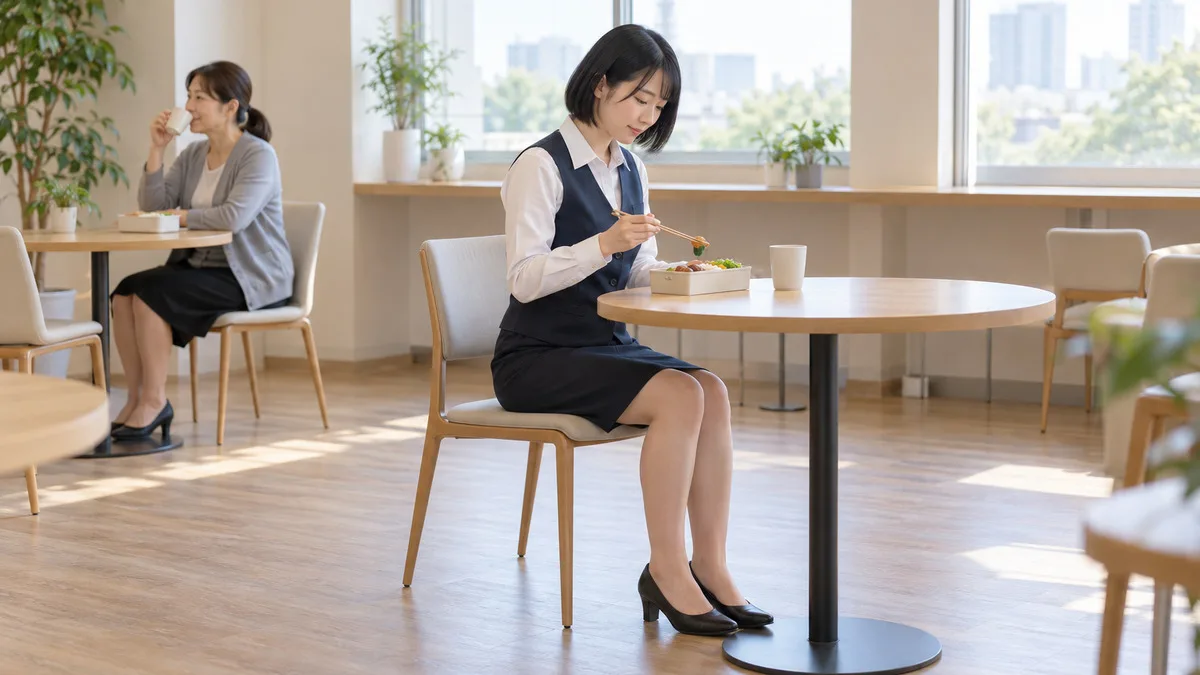 社員休憩室で、同僚とは別のテーブルで昼食を取るネイビーの制服姿の女性