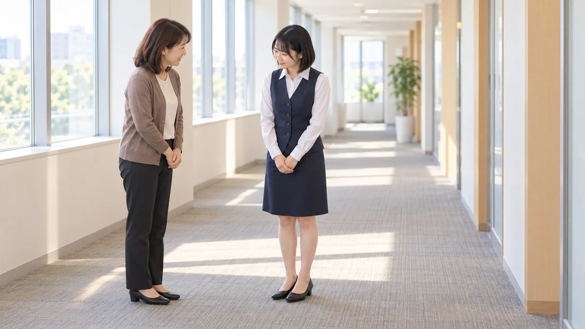 社内の廊下で、適度な距離を保って同僚と短い会釈を交わす女性社員