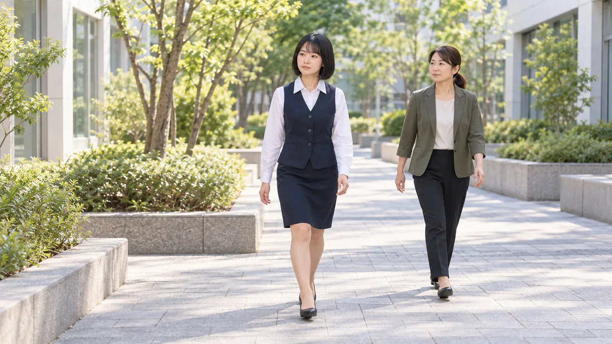 会社の中庭沿いの通路を、同僚と適度な間隔を保ちながら歩くネイビーの制服姿の女性