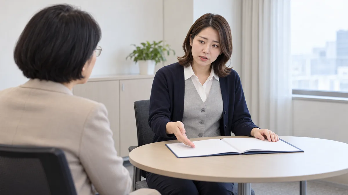 社内の相談室で、事務服の女性が開いたファイルを示しながら相談担当者に説明している