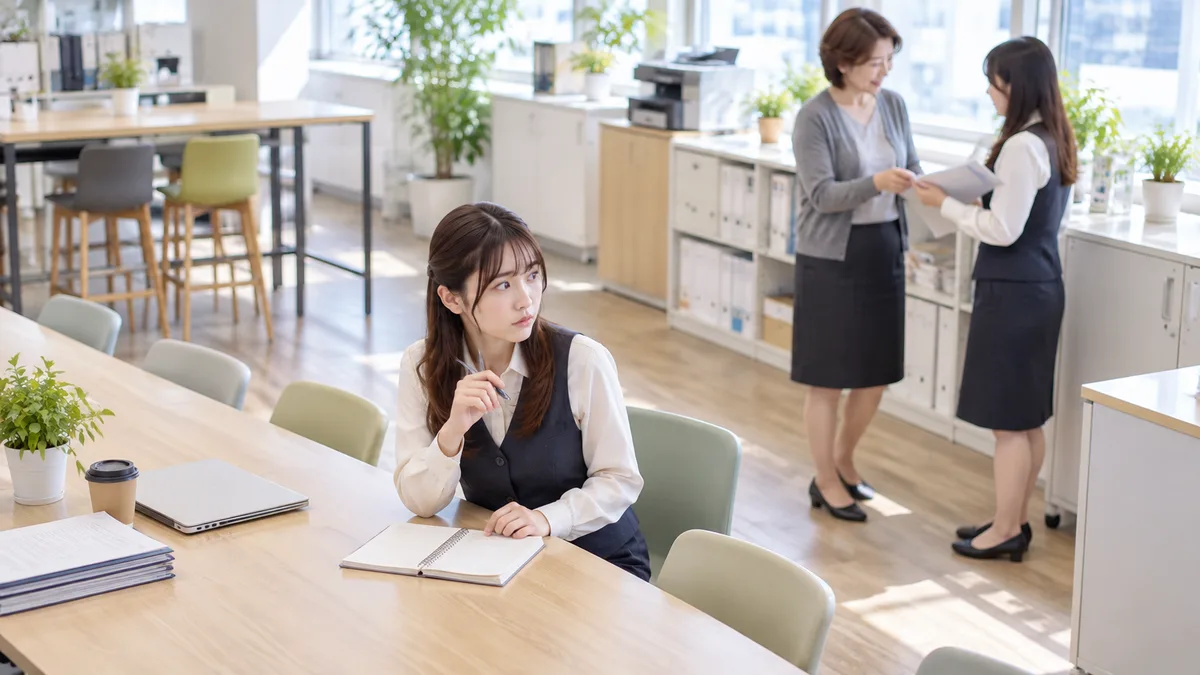 共有テーブルでメモを開き、年上女性と同僚のやり取りを見る若い女性