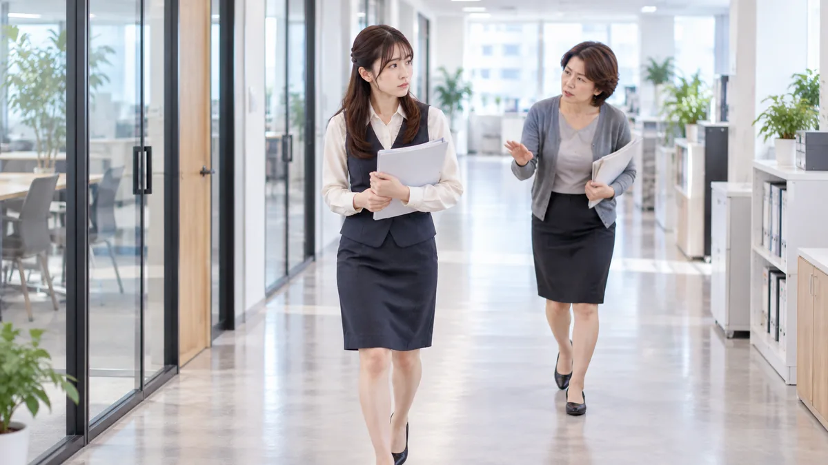 オフィス通路で年上女性と距離を保ちながら歩く若い女性