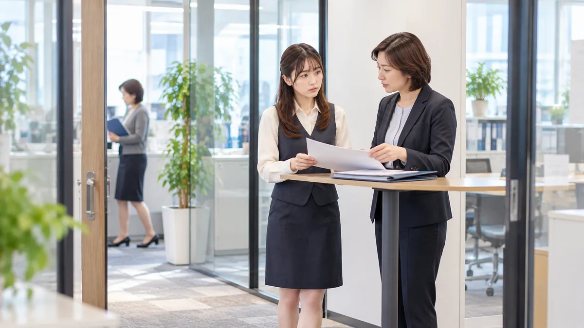 社内の打ち合わせスペースで女性上司と資料を確認する若い女性