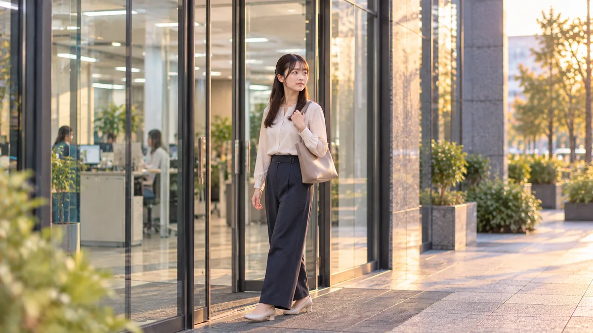夕方のオフィスビル出口で通勤バッグを持ち外へ出る若い女性