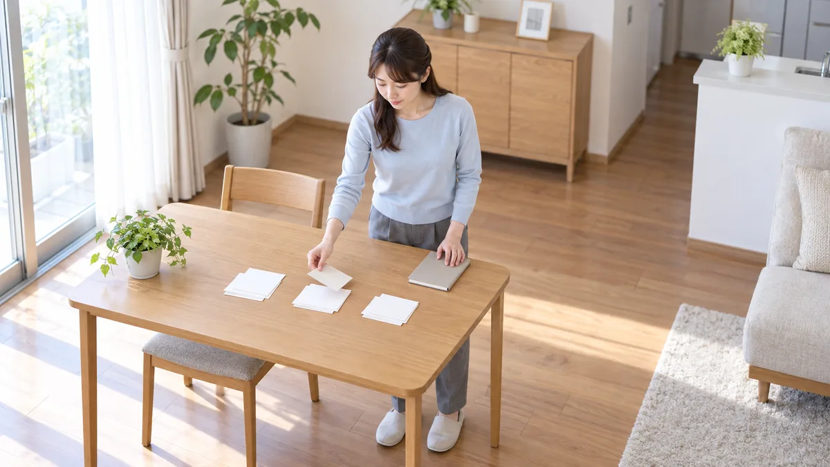 自宅のテーブルの横に立ち、個人のメモ用紙を三つのまとまりに分ける女性