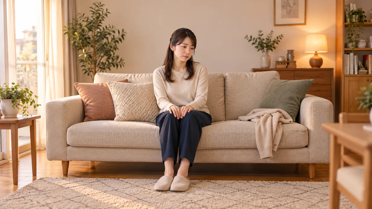 自宅のソファで、両手を膝に置き、背もたれに体を預けて休む女性