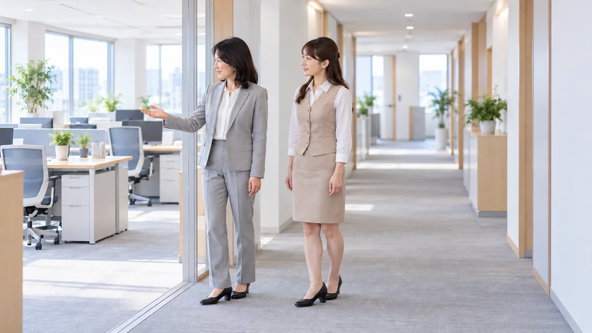 職場の通路で、案内担当者とともに別の作業スペースを見るベージュ制服の女性