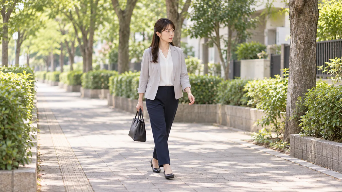 街路樹のある道を、小さな通勤バッグを持って一人で歩く女性