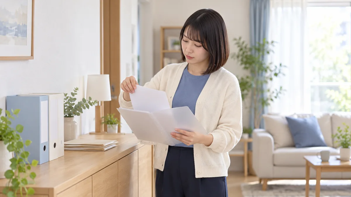 自宅の収納棚の前に立ち、書類をファイルに入れる女性。