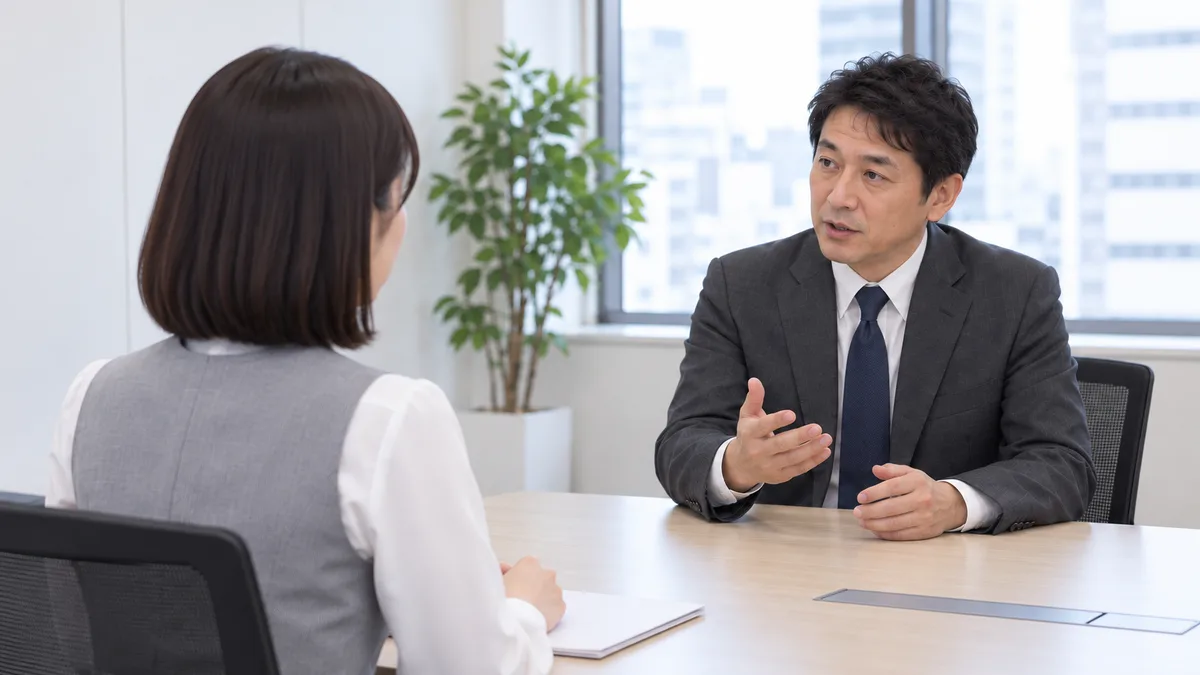 面接室の机を挟み、スーツ姿の男性の説明を聞く女性。