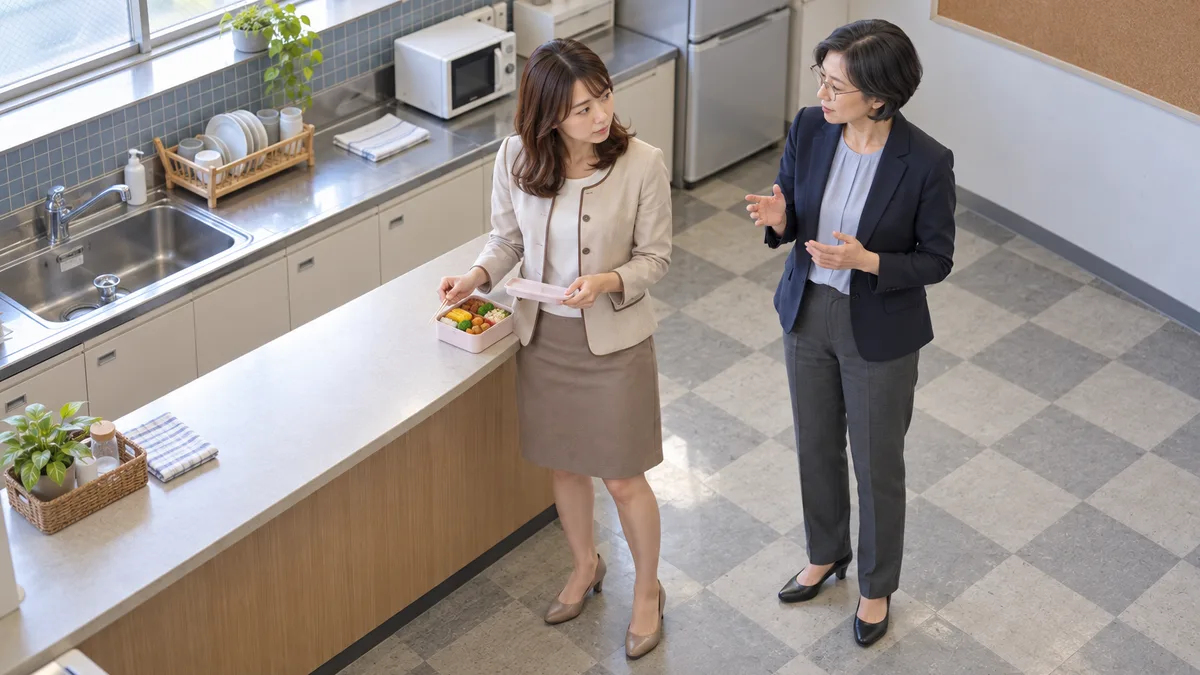 休憩カウンターで弁当箱のふたを持ち、同僚の話を聞く女性