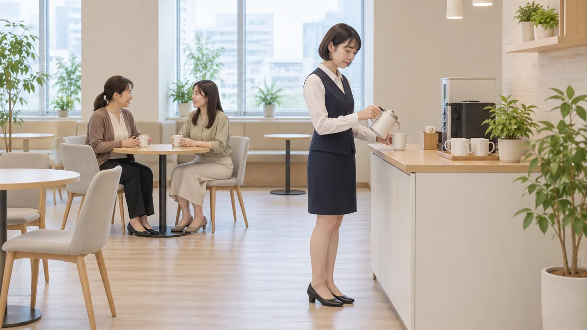 同僚二人が話す休憩室で、マグに飲み物を注ぐ女性