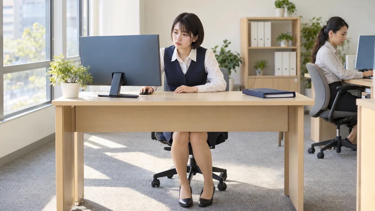 ネイビーの事務制服を着てパソコンを操作する女性と、奥の席で働く同僚