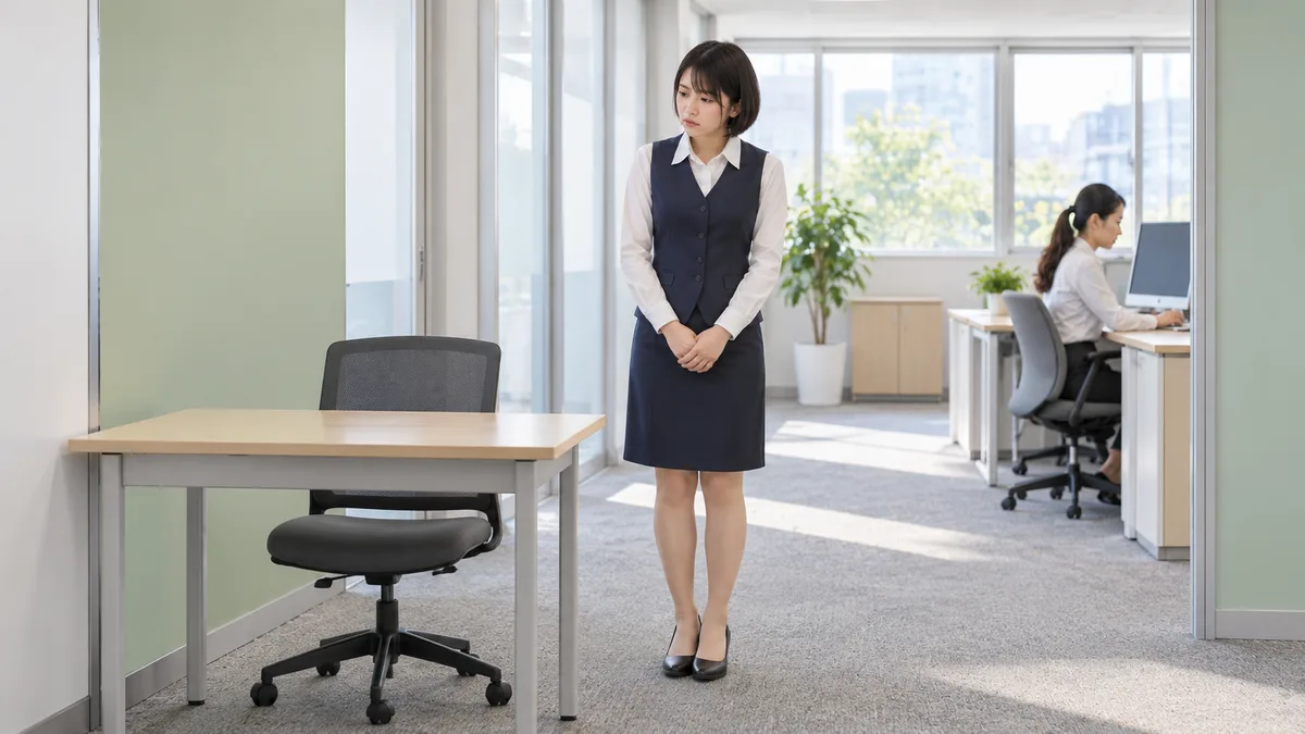 ネイビーの事務制服姿で空いた机と椅子へ視線を向ける女性と、奥の席で働く同僚