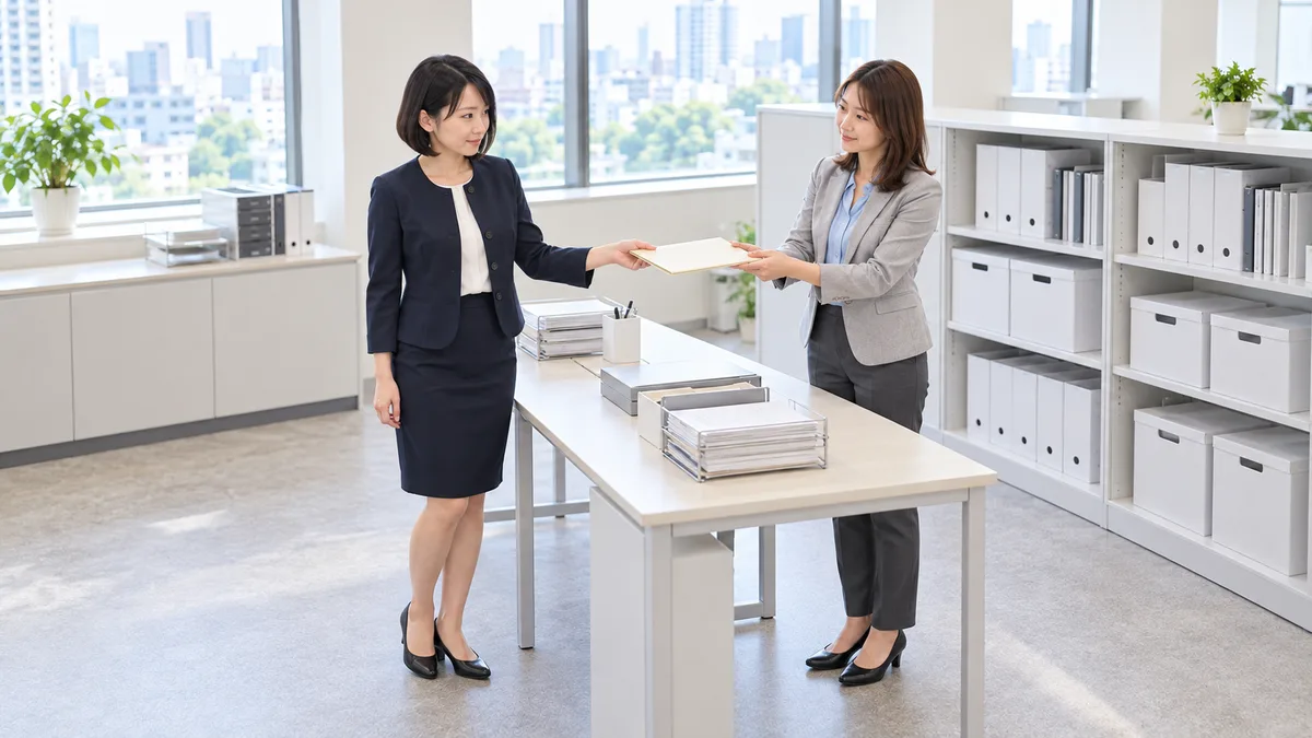 職場の共用作業台を挟み、同僚にファイルを渡す女性