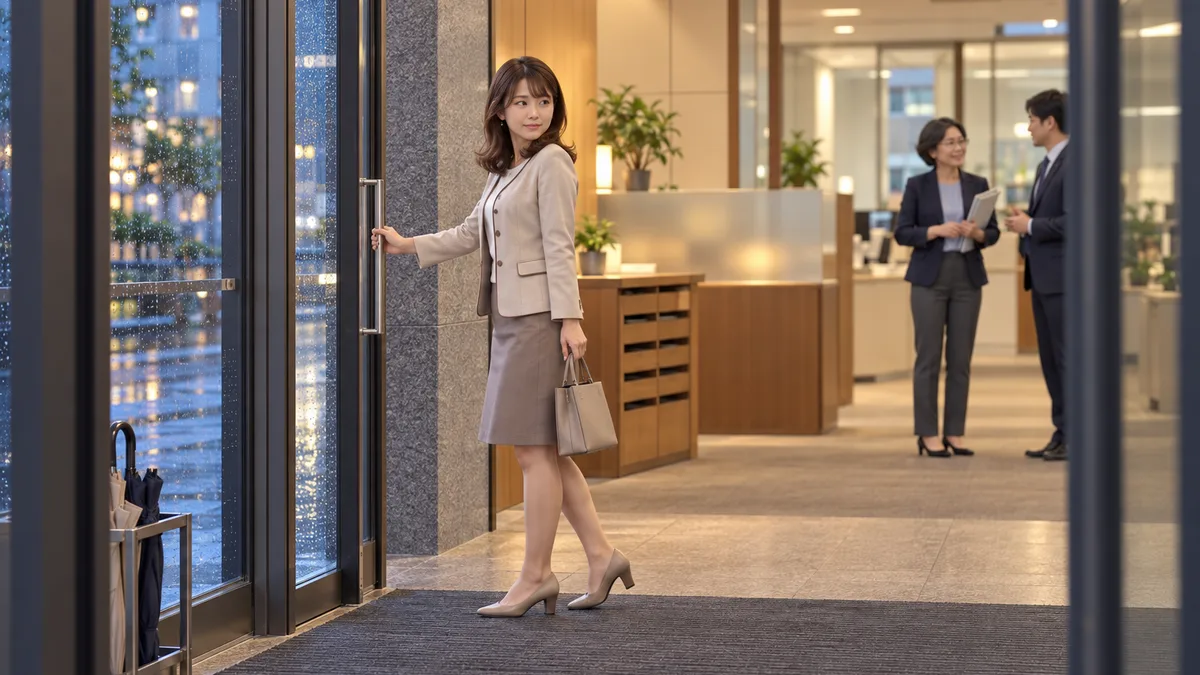 職場の出入口で扉に手を添え、奥で話す同僚二人を振り返る女性