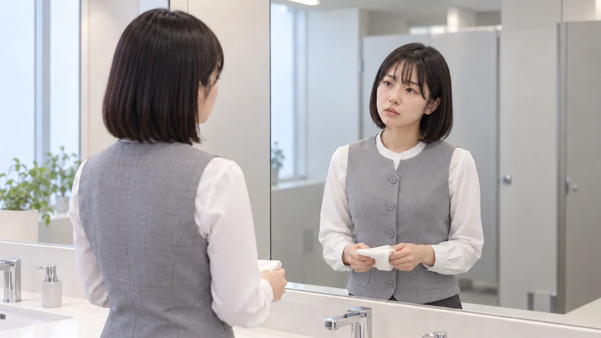 職場の洗面台でハンカチを持ち、鏡を見る制服姿の女性。