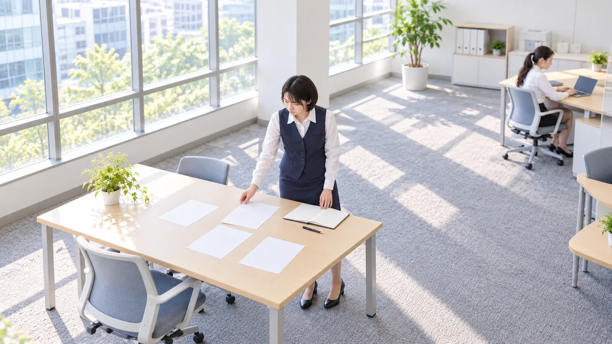 作業テーブルに並べた書類の一枚に手を添える事務制服姿の女性と、奥で働く同僚