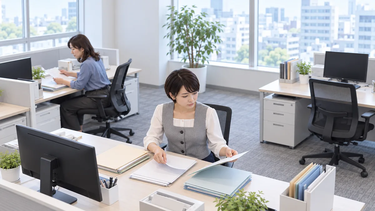 机上の資料を仕分ける女性と、離れた席で書類を確認する同僚
