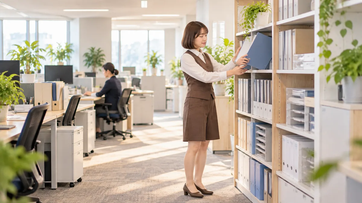 業務ファイルを整理し落ち着いて仕事に向き合う30代女性