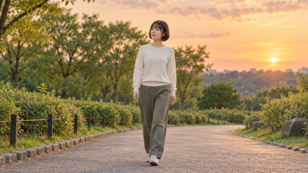 夕方の公園で、白いニットとパンツ姿で歩く女性