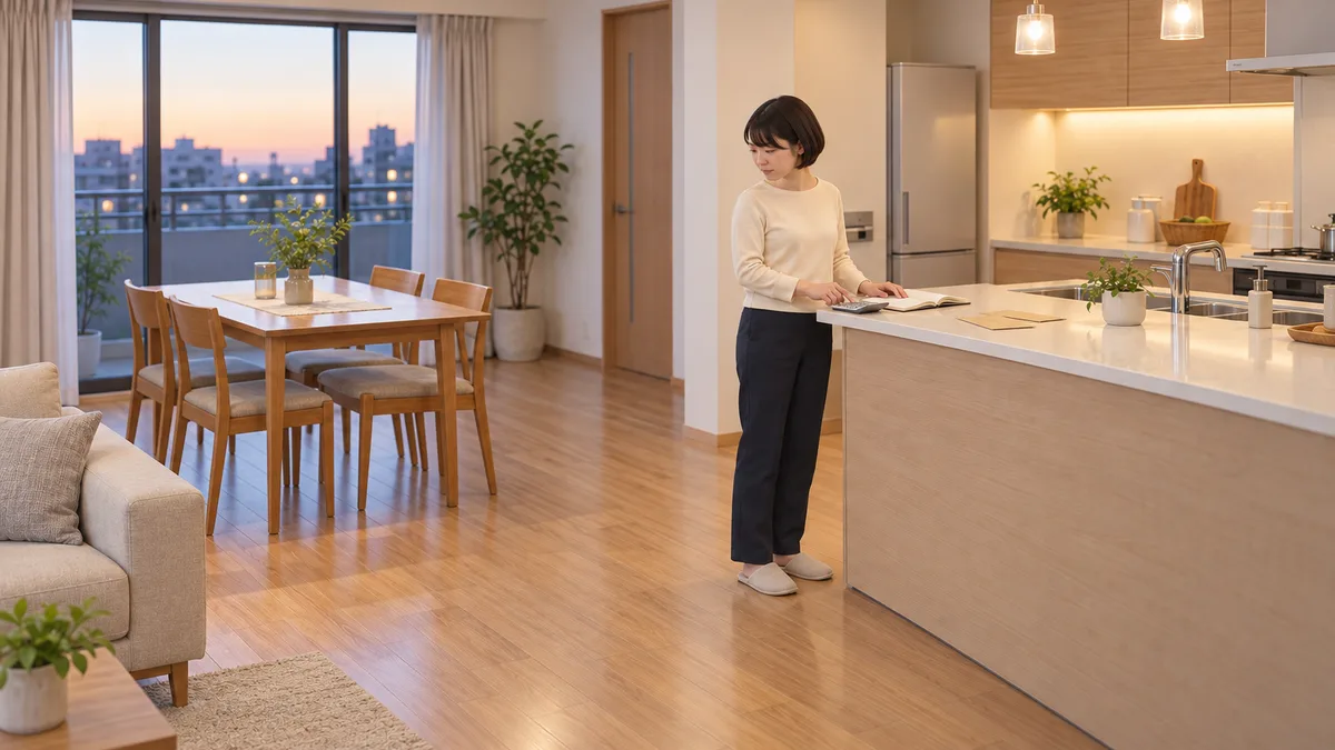 自宅のカウンターでノートを開き、電卓を操作する女性
