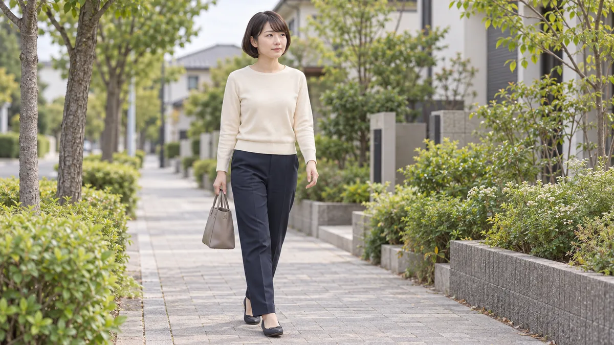 バッグを持って住宅街の歩道を歩く女性