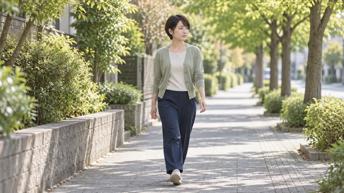 セージグリーンのカーディガンと濃紺のパンツ姿で、街路樹沿いの歩道を歩く女性