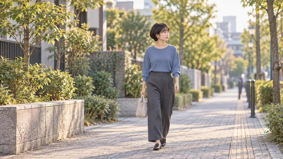 ブルーのトップスとチャコールのパンツを着て夕方の歩道を歩く女性