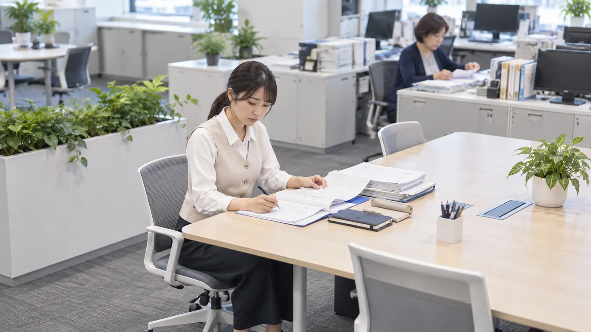 職場の静かな共用テーブルへ書類を移し、集中作業をする女性