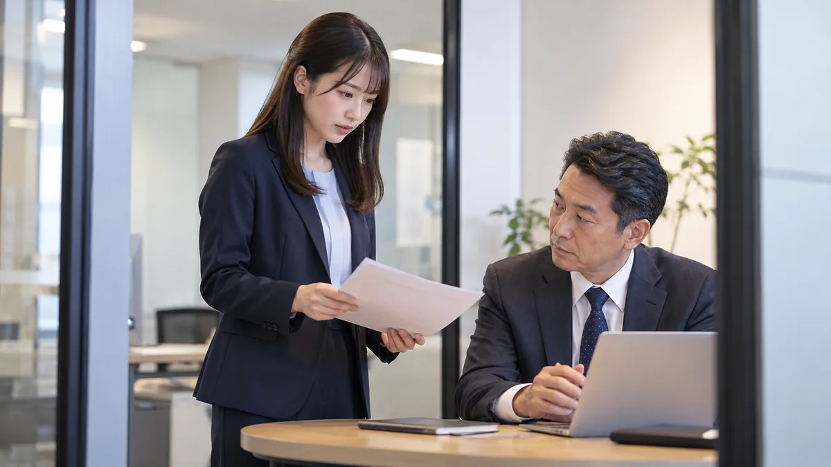 書類を示しながら上司に状況を説明する女性