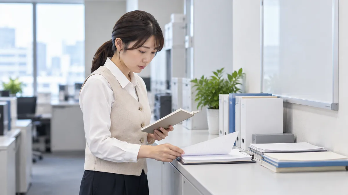 職場の作業台で手帳を確認し、実施した対策と残る支障を整理する女性