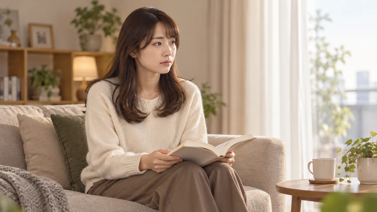 自宅のソファに座った女性が、膝の上で本を開いたまま、ページから視線を外している。