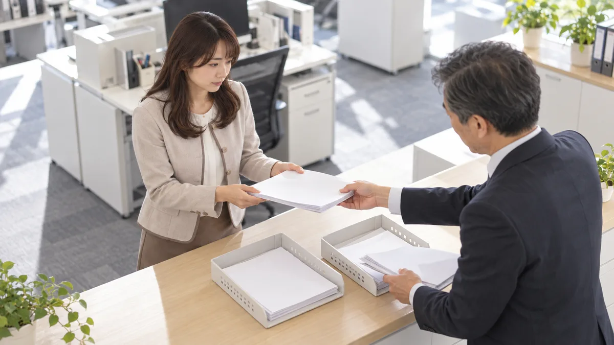 事務制服の女性が、二つの書類トレーが置かれた職場の作業台で、男性上司から書類を受け取っている。