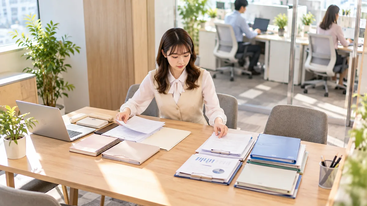 職場の会議テーブルで女性が資料を二つに分け、自分で変えられることと職場環境によることを整理している様子。