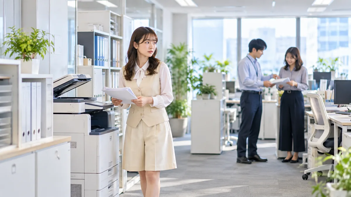 職場で同僚たちが仕事の話をする中、少し離れた女性が自分に原因があるのかと不安そうに気にしている様子。