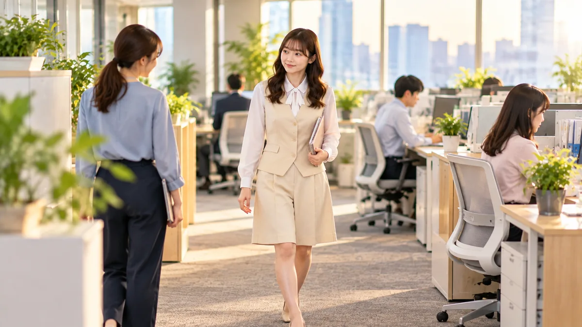 女性が職場で同僚に軽く会釈しながら自分の席へ歩き、無理に周囲へ合わせず自分のペースで働いている様子。