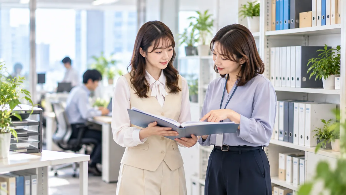 女性が職場で同僚に仕事の資料を見せて質問し、雑談ではなく仕事を通して自然に関わっている様子。