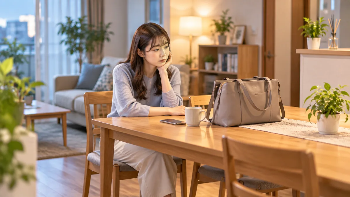 帰宅した女性が自宅で仕事用バッグを見ながら、職場の人間関係の悩みを生活まで引きずっていないか振り返っている様子。